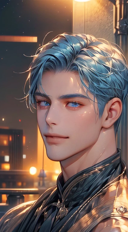 (best quality,4k,8k,highres,masterpiece:1.2),ultra-detailed,(realistic,photorealistic,photo-realistic:1.37),1 man,3,mature man,very handsome,without expression,smile,short blue hair,blue eyes,penetrating gaze,perfect face without errors,imposing posture,businessman,office background,cinematic lighting,hdr image