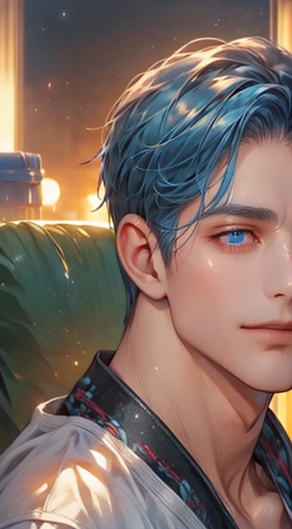 (best quality,4k,8k,highres,masterpiece:1.2),ultra-detailed,(realistic,photorealistic,photo-realistic:1.37),1 man,3,mature man,very handsome,without expression,smile,short blue hair,blue eyes,penetrating gaze,perfect face without errors,imposing posture,businessman,office background,cinematic lighting,hdr image