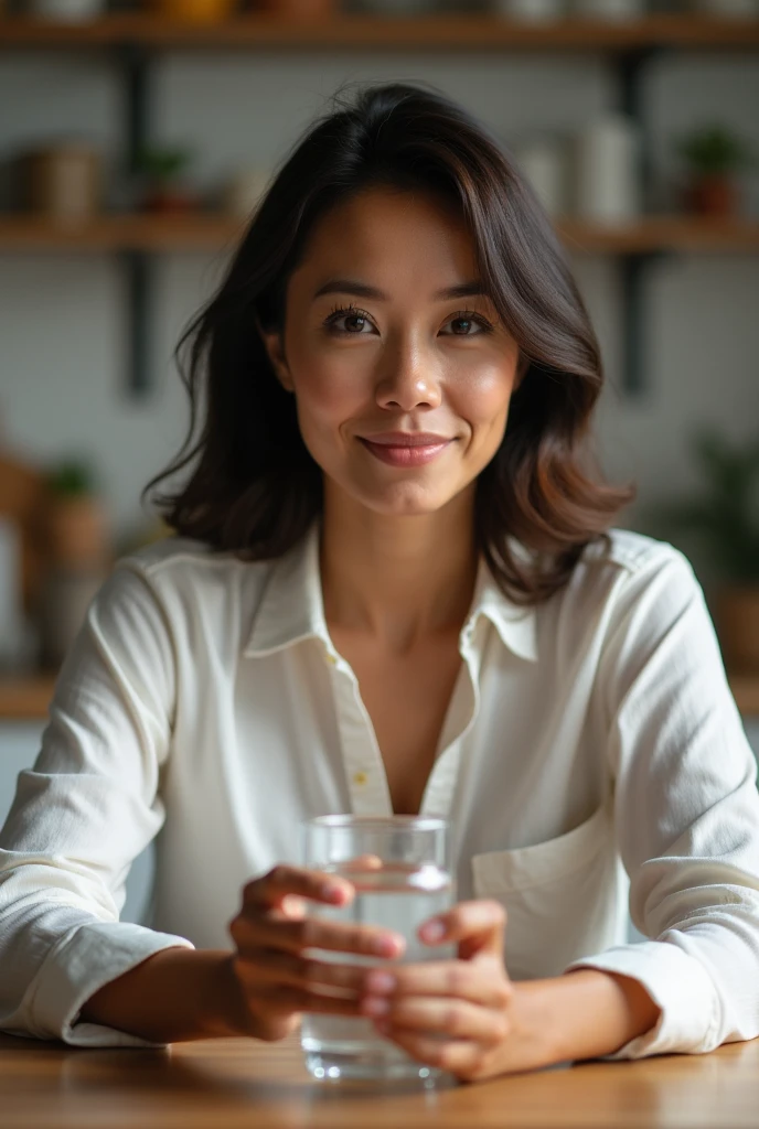 a person sitting at the kitchen table, with an expression of determination and hope. She has a glass of water in one hand and a small bottle of dietary supplement in the other.. next to her