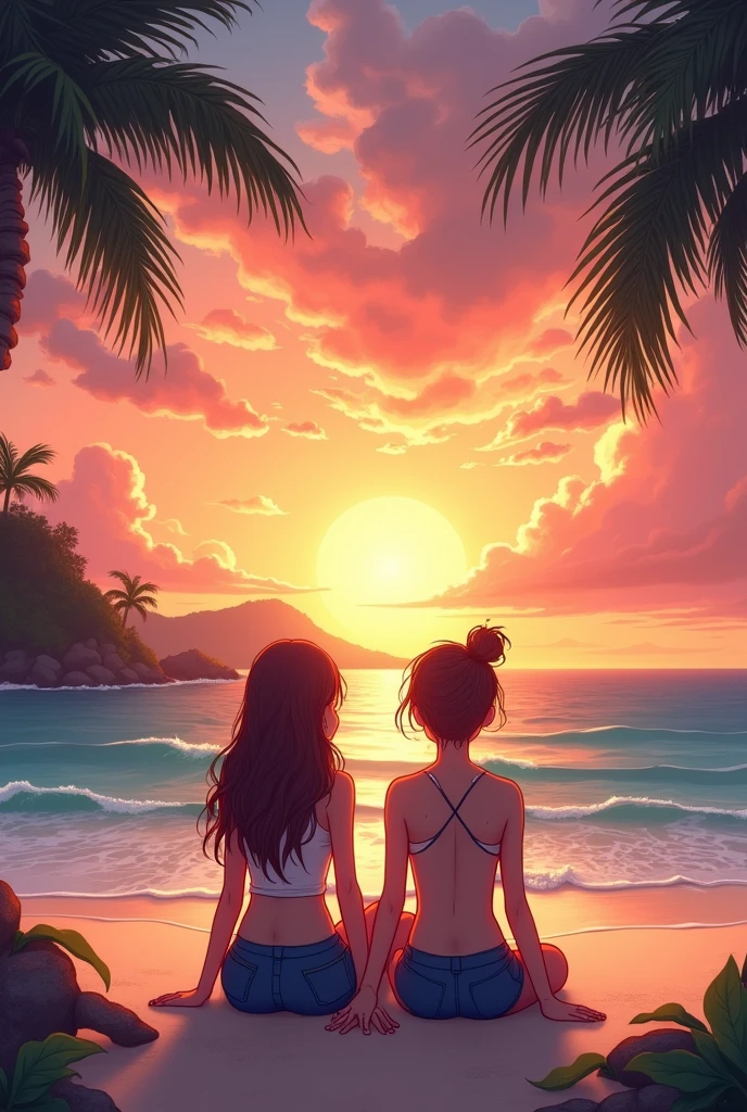 A couple of two girls watching the sunset sitting on a tropical beach not so realistic but beautiful