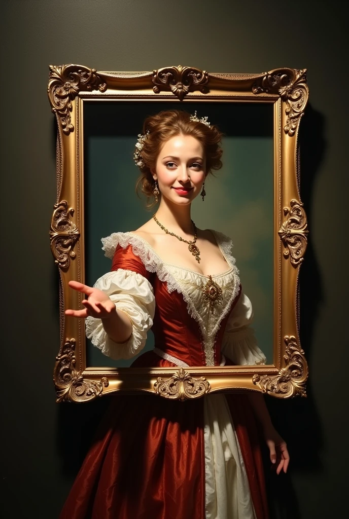 lady pointing at the viewer, playful smile, interactive painting, illusion of depth, baroque era dress, ornate frame, Emerging Figure, eye contact,
attractive smile, inviting gesture, Outstretched hand,
detailed lace, oil on canvas, realistic textures,
Three-dimensional sensation, Ambient lighting, chiaroscuro effect, dramatic shadows, rich color palette,
artistic composition, perceived movement, intricate hairstyle, jeweled accessories, captivating artwork,
Immersive experience, gallery screen, soft background,
realistic skin tones, masterful illusion, intelligent visual tricks