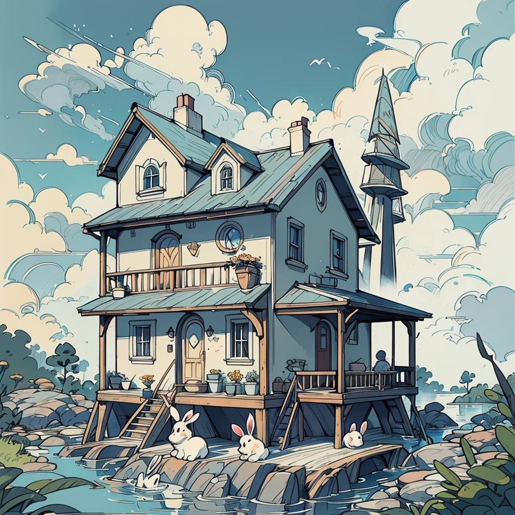 ColoringBookAF, Black and white, whimsical cottage by the water, cloudy sky, bunnies,