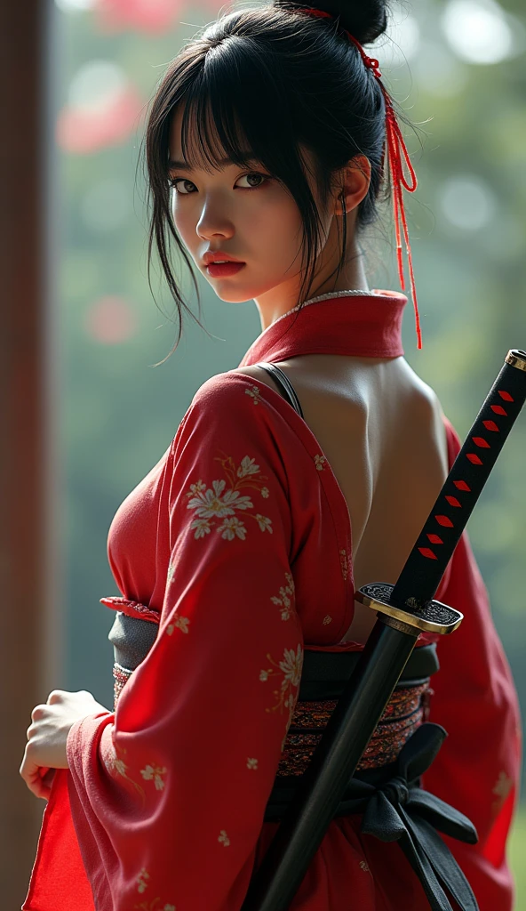 Samurai Girl, Her short black hair was tied back, Wearing a Japanese kimono and hakama, Two Japanese swords are crossed at her waist., ((masterpiece, Highest quality, Best image quality, High resolution, Realistic, RAW Photos, 8k)), ((Highly detailed CG synthesis 8k wallpaper)), (Huge and stunning goddess shot, Very hot and sexy, Incredible beauty, Perfect Proportions, Beautiful body, Slim body beauty:1.4),  