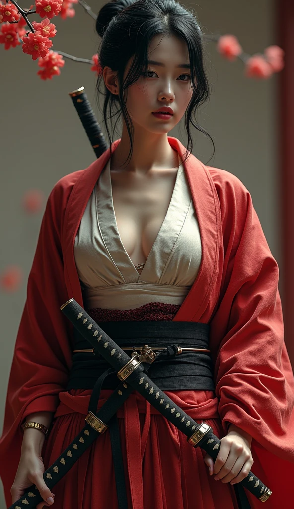 Samurai Girl, Her short black hair was tied back, Wearing a Japanese kimono and hakama, Two Japanese swords are crossed at her waist., ((masterpiece, Highest quality, Best image quality, High resolution, Realistic, RAW Photos, 8k)), ((Highly detailed CG synthesis 8k wallpaper)), (Huge and stunning goddess shot, Very hot and sexy, Incredible beauty, Perfect Proportions, Beautiful body, Slim body beauty:1.4),