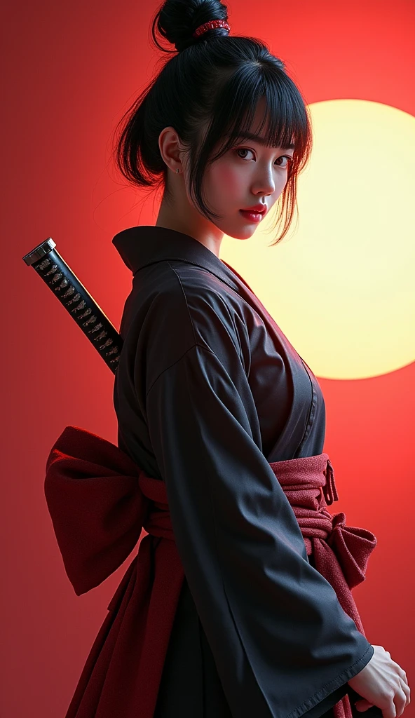Samurai Girl, Her short black hair was tied back, Wearing a Japanese kimono and hakama, Two Japanese swords are crossed at her waist., ((masterpiece, Highest quality, Best image quality, High resolution, Realistic, RAW Photos, 8k)), ((Highly detailed CG synthesis 8k wallpaper)), (Huge and stunning goddess shot, Very hot and sexy, Incredible beauty, Perfect Proportions, Beautiful body, Slim body beauty:1.4),