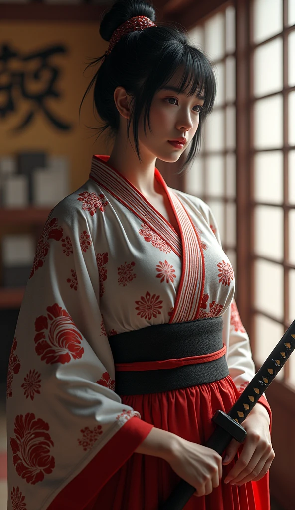 Samurai Girl, Her short black hair was tied back, Wearing a Japanese kimono and hakama, Two Japanese swords are crossed at her waist., ((masterpiece, Highest quality, Best image quality, High resolution, Realistic, RAW Photos, 8k)), ((Highly detailed CG synthesis 8k wallpaper)), (Huge and stunning goddess shot, Very hot and sexy, Incredible beauty, Perfect Proportions, Beautiful body, Slim body beauty:1.4),