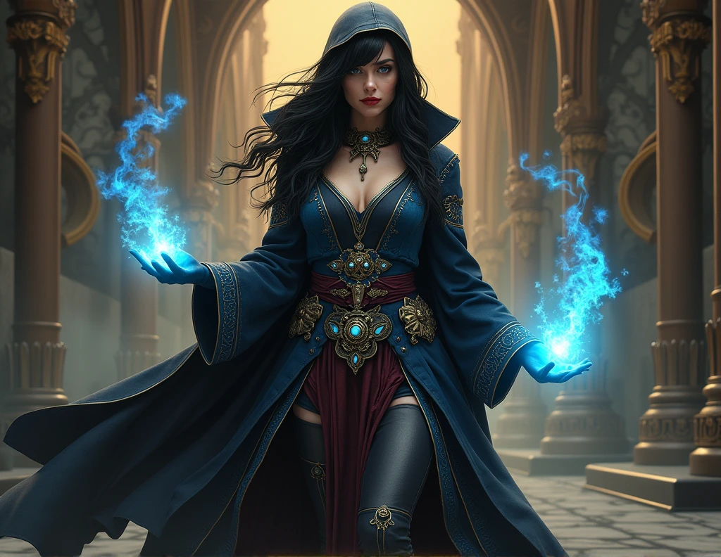 a sorceress casting a IceMagicAII spell in magical library exquisite beautiful human woman ((full body shot: 1.5)), ((anatomically correct: 1.5)) (ultra detailed face: 1.2), dynamic skin complexion, dynamic hair style, dynamic hair color,  she is wearing a long dark dress, intricate dark dress, small cleavage, long white cloak, (high heeled boots: 1.3), manipulating icy magic, controlling icy runes,  fantasy magical laboratory, books, potions, and magical study items,  background,  vibrant, Ultra-high resolution, High Contrast, (masterpiece:1.5), highest quality, Best aesthetics), best details, best quality, highres, 16k, [ultra detailed], masterpiece, best quality, (extremely detailed) RAW, fantasy art, dnd art, fantasy art, realistic art,  (ultra details, Masterpiece, best quality), IceMagicAI, Cinematic Hollywood Film, Intense gaze