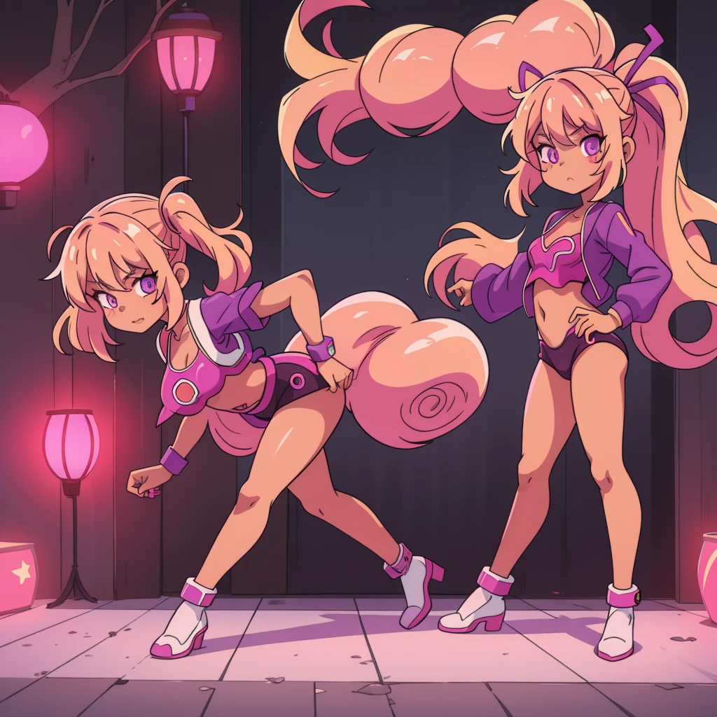 girl anime hair curled flouresente shiny, color purple neon orange neon