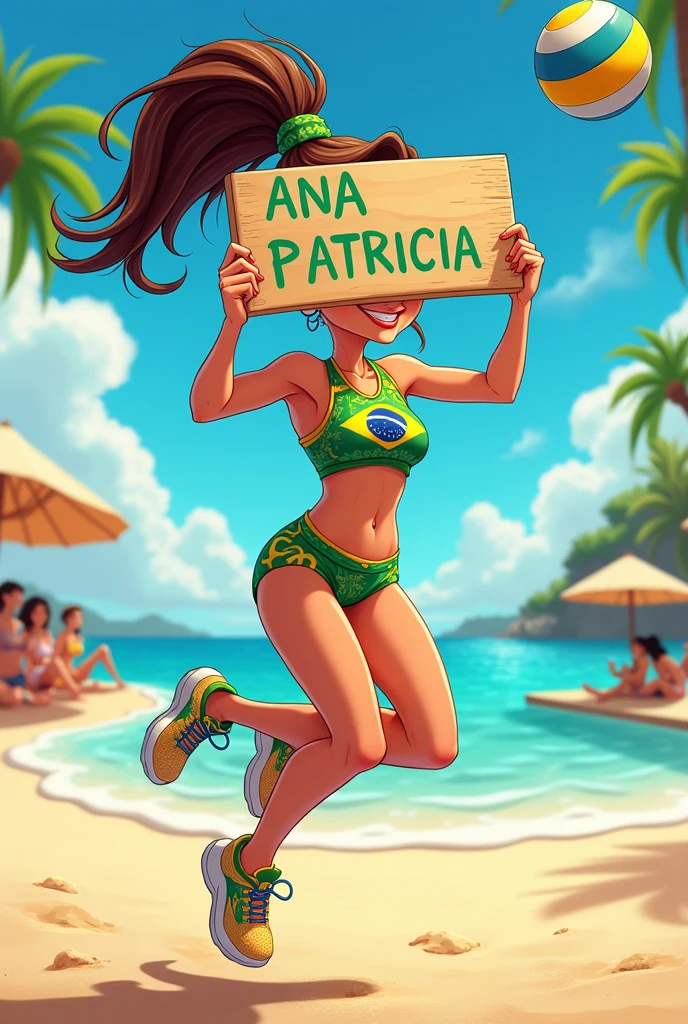 Cartoon girl beach volleyball player with Brazilian equipment and a sign covering her face that says I LOVE ANA PATRICIA
