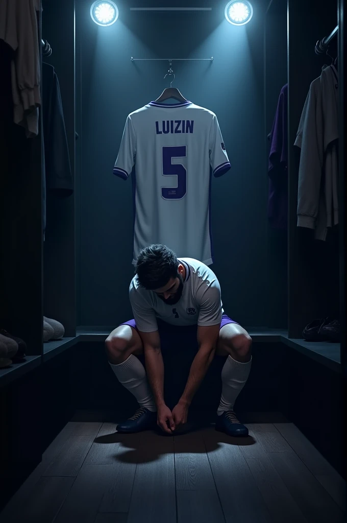 Make an image of ONE player tying his boots alone, with lights completely obscuring his face and him with medium short hair and a beard, the locker room is dark and the spotlights are shining on him and the Galados City team, uniform in white and purple colors and I want you to put a shirt behind and on top of it with the number 5 and the name LUIZIN. Make your surroundings completely dark. LET HIM keep his head completely down and focused, and I just want 1 shirt behind him. put on