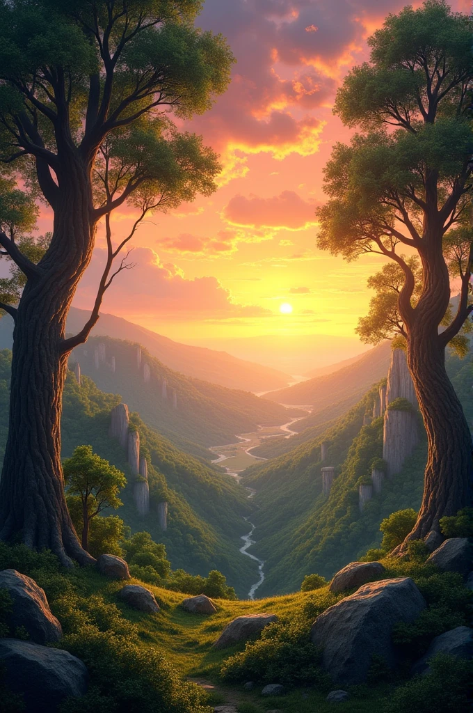 Sunset with many trees