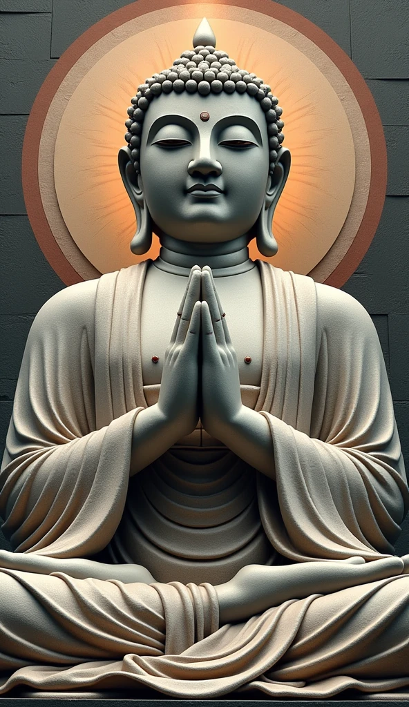Create an image focusing on the upper half of a large Buddha statue representing the Tathagata (Suchness) or Buddha of Great Enlightenment. The image should feature the Buddha’s serene face and the upper part of its hands in a gesture of chanting or prayer. The statue should be styled in an ancient stone aesthetic, with natural stone textures and colors, showcasing a range of hues to highlight different parts of the statue while maintaining a classic, timeless look. The detailed stonework should be intricate and sharp, capturing the grandeur and spiritual significance of the statue. Include a large, radiant halo or aura behind the statue to enhance its divine presence and mystery. The overall tone should be classic and reverent, with an emphasis on the natural beauty and sacred essence of the stone.