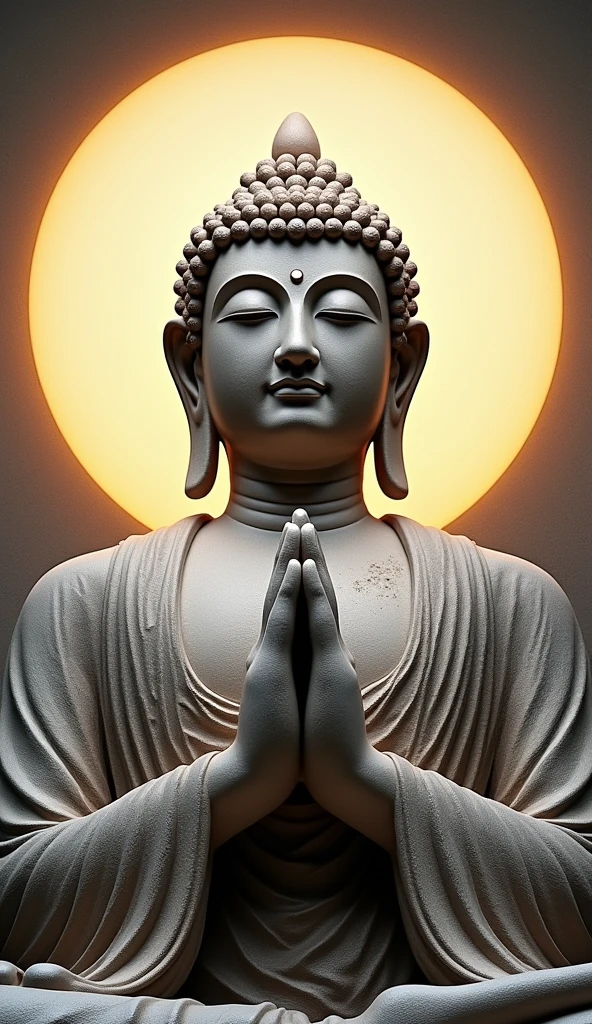 Create an image focusing on the upper half of a large Buddha statue representing the Tathagata (Suchness) or Buddha of Great Enlightenment. The image should feature the Buddha’s serene face and the upper part of its hands in a gesture of chanting or prayer. The statue should be styled in an ancient stone aesthetic, with natural stone textures and colors, showcasing a range of hues to highlight different parts of the statue while maintaining a classic, timeless look. The detailed stonework should be intricate and sharp, capturing the grandeur and spiritual significance of the statue. Include a large, radiant halo or aura behind the statue to enhance its divine presence and mystery. The overall tone should be classic and reverent, with an emphasis on the natural beauty and sacred essence of the stone.





