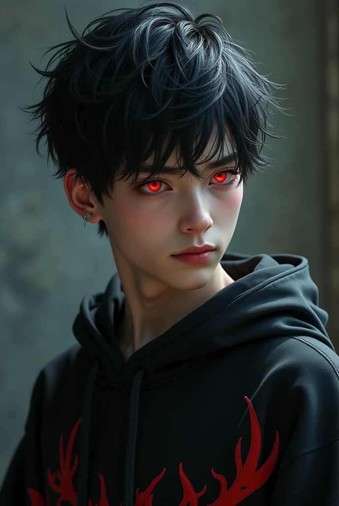 sehr young, Sexy male vampire, young, 19 years, Man with demon horns, black hair and red eyes, sehr young, smile, smile, vampire teeth