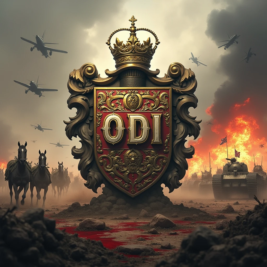 Coat of arms with many decorations and the word ODI in capital letters, in the middle of a battle of the first world war, where there are tanks, planes, horses, explosions and blood