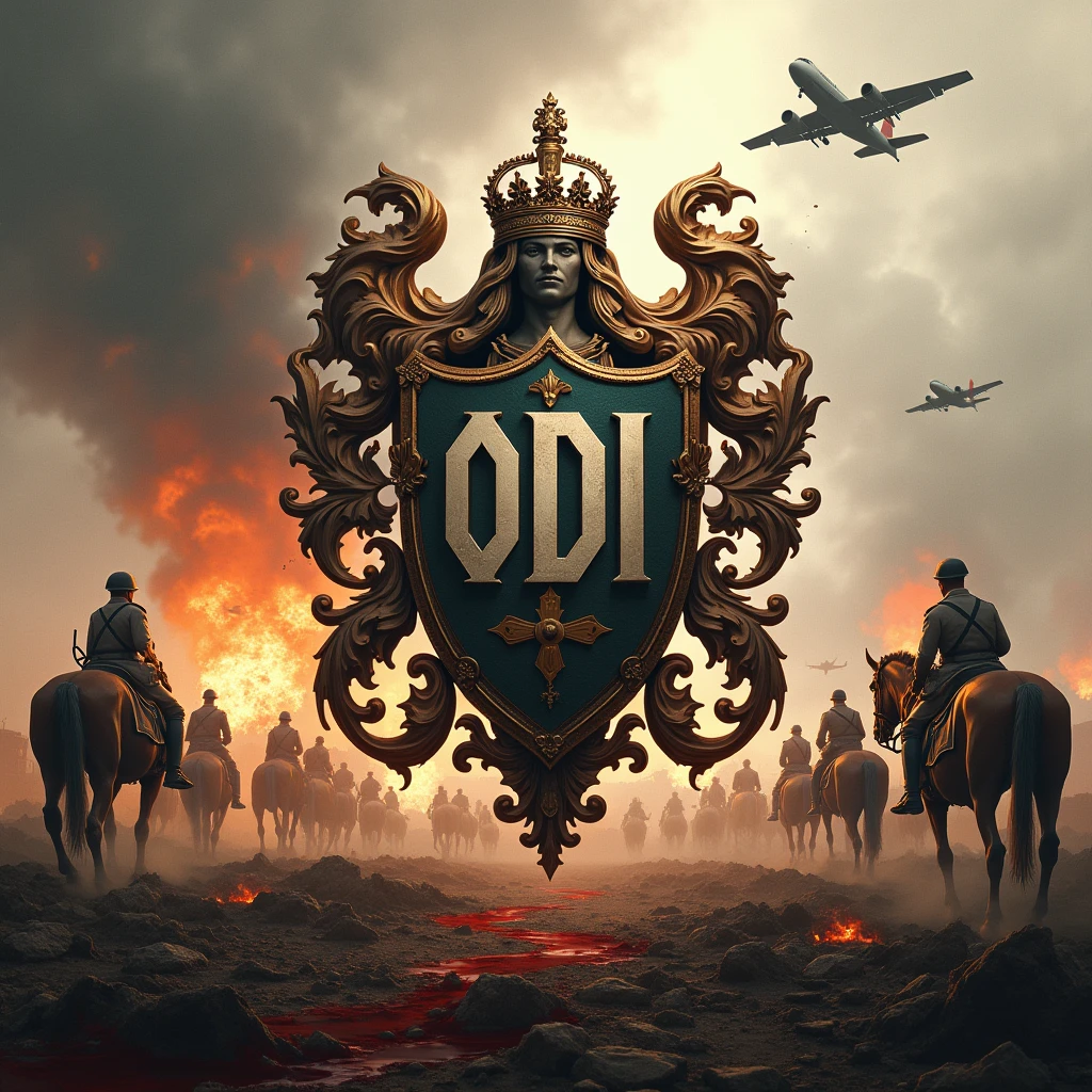 Coat of arms with many decorations and the word ODI in capital letters, in the middle of a battle of the first world war, where there are tanks, planes, horses, explosions and blood