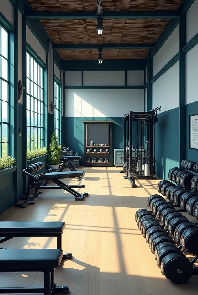 I want to build a gymnasium 16 m deep by 6 m wide. The roof of this place is made of zinc tiles painted black and bamboo sticks that support these tiles, also painted black., On the right side of this room the walls are white and two columns also painted white stand out with mirrors on this one. On the left side there are windows along the wall and this one is painted black. On that side there are also four columns painted blue-green with figures on them., For the floor we have a light brown cloth mat entering the place and on the left side we find a press whose structure is black with black cushions with a blue-green border., Oh, the question is, there is a hack machine whose base structure is black and its upper support is royal blue, black cushions with a blue-green border., Next to this one there is a hacked one whose structure and upholstery are completely black., Then comes a dual extension whose structure and cushioning of the seat and back are black and I grabbed it by the feet is blue-green, Next to this is the crossover which is completely black. Next to the crossover is a multi-function bar dam, its upholstery is black with a blue-green border., In the entire gym there is a flat barbell press for chest work, the cushioning of which is black with a blue border., Now on the right side and next to the flat press we find a multifunctional bench with black cushioning and blue border, then a completely black L-shaped bench, then we have a flat bench and next to that flat bench there is another black L-shaped bench and another multifunctional bench with black cushioning and blue border., These five benches are located in front of a mirror with a dumbbell rack., whose side structures are black and what holds the bars is gray containing a pair of dumbbells of the following weights 2.5 kg 5 kg 7.5 kg 10 kg 12 kg 15 kg 20 kg 25kg 30 kg