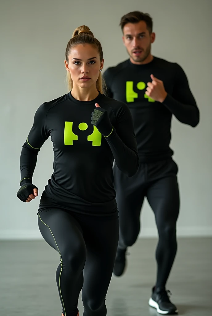 Image of man and woman exercising in black long sleeve sportswear with lime green H logo