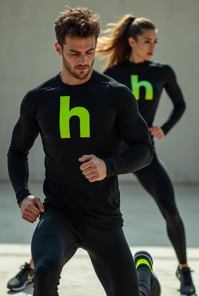 Image of man and woman exercising in black long sleeve sportswear with lime green H logo