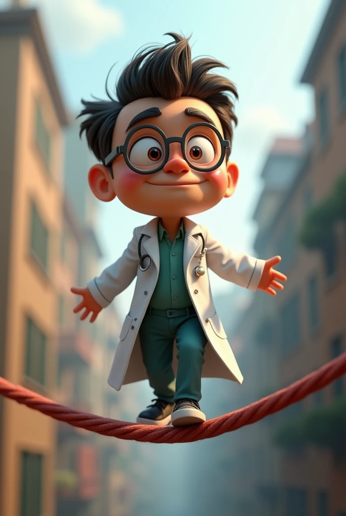 Cartoon character of a man in doctor&#39;s outfit walking on tightrope, an animated character, stylized character, animation style rendering, 3d stylized, Arnold Maya rendering, Stylized 3D rendering, toon render screenshot, 3d character, 3d character, Stylized 3D rendering, 3D character rendering, cartoon character, Personagem de close up, character posing, (Pixar-style) (master part:1.2) (bokeh) (best qualityer) (skin detailed) (detailed texture) (8k) (Argilla) (cinematic lighting) (sharp focus，Sit down and lift your upper body