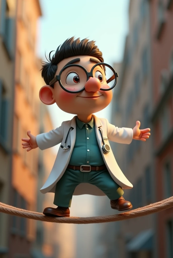 Cartoon character of a man in doctor&#39;s outfit walking on tightrope, an animated character, stylized character, animation style rendering, 3d stylized, Arnold Maya rendering, Stylized 3D rendering, toon render screenshot, 3d character, 3d character, Stylized 3D rendering, 3D character rendering, cartoon character, Personagem de close up, character posing, (Pixar-style) (master part:1.2) (bokeh) (best qualityer) (skin detailed) (detailed texture) (8k) (Argilla) (cinematic lighting) (sharp focus，Sit down and lift your upper body