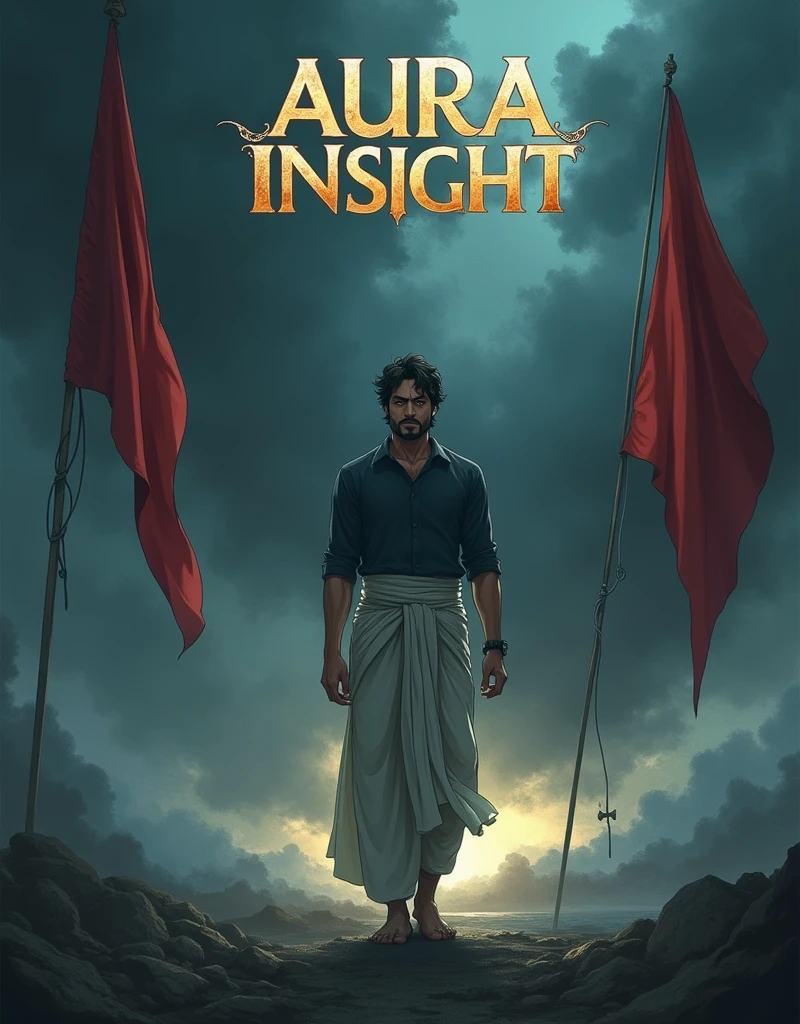 Create a anime style landscape image. Dramatic movie poster featuring a central male figure standing in a powerful pose. The man has a fair skin tone and is dressed in traditional attire, including a dark shirt and a light-colored dhoti. The background is dark and stormy, with ominous clouds and two red flags flanking the figure. The text at the top is in a stylized font, colored in a gradient of gold and white, and written. The CAPITAL FONT text '((AURA INSIGHT))'. The overall tone of the poster is intense and heroic, with a focus on the central character's strength and determination.