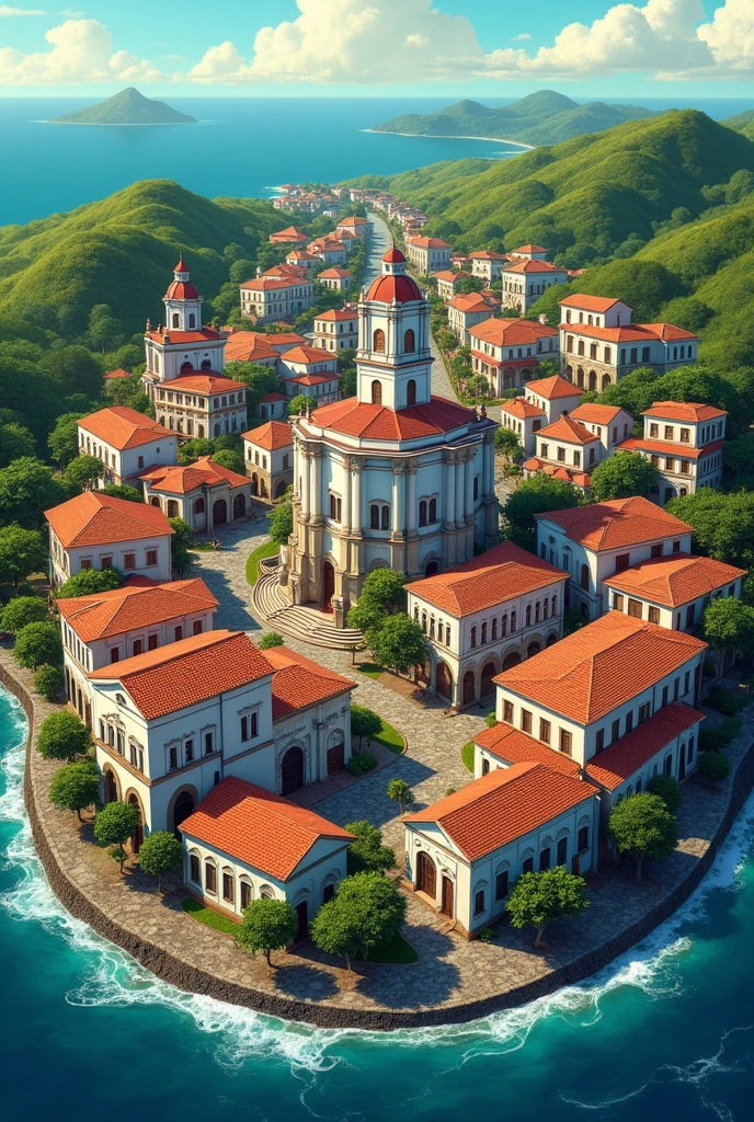 Create a drawing with the main characteristics of the city of Olinda -PE without people and place the city in a circle shape