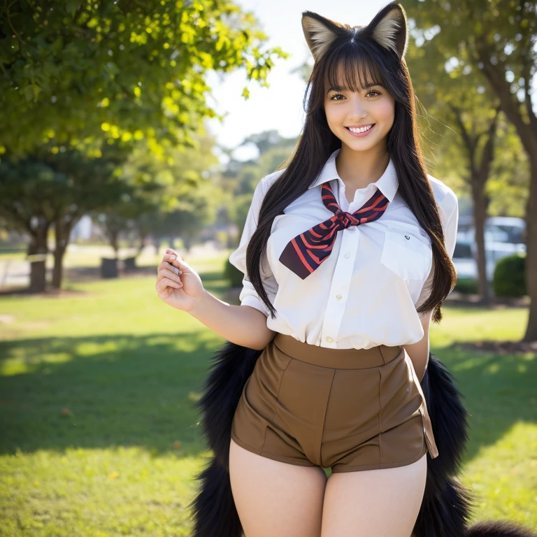 ((Highest quality, 8k)), ((masterpiece)), (Highest Resolution), Perfect Face, Fox Woman, Female college student, Beautiful woman, Outdoor, Only one tail, she has thick thighs, Her large tail, Her brown fox tail, She wags her tail, smile, Collar on Leash, She is wearing bloomers as part of her gym uniform., Plump Breasts, Beautiful Hips , Her fox tail sticks out from her bloomers