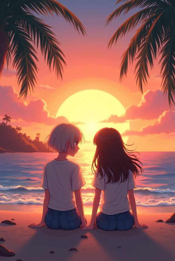 A couple of two girls watching the sunset sitting on a tropical beach and one girl has boyish hair and the other has brown hair not so realistic but pretty