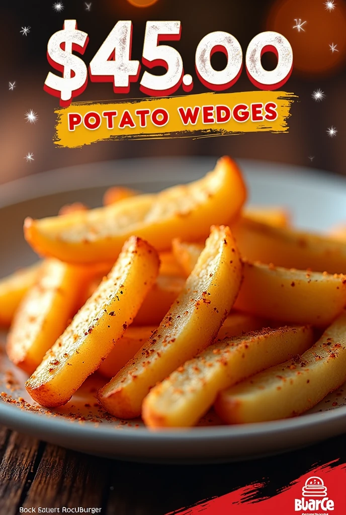 Advertisement for Potato Wedges with the price of $45.00 With a rockoburger title