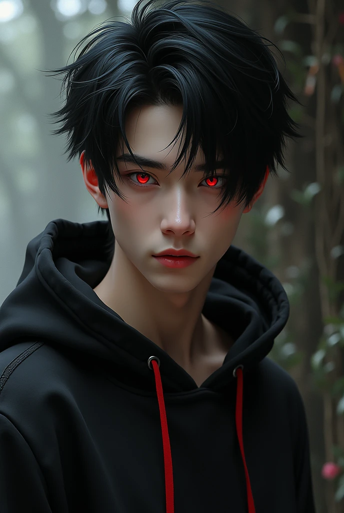 Character with more natural red eye male with black hair thrown to the side with a black sweatshirt with red detail