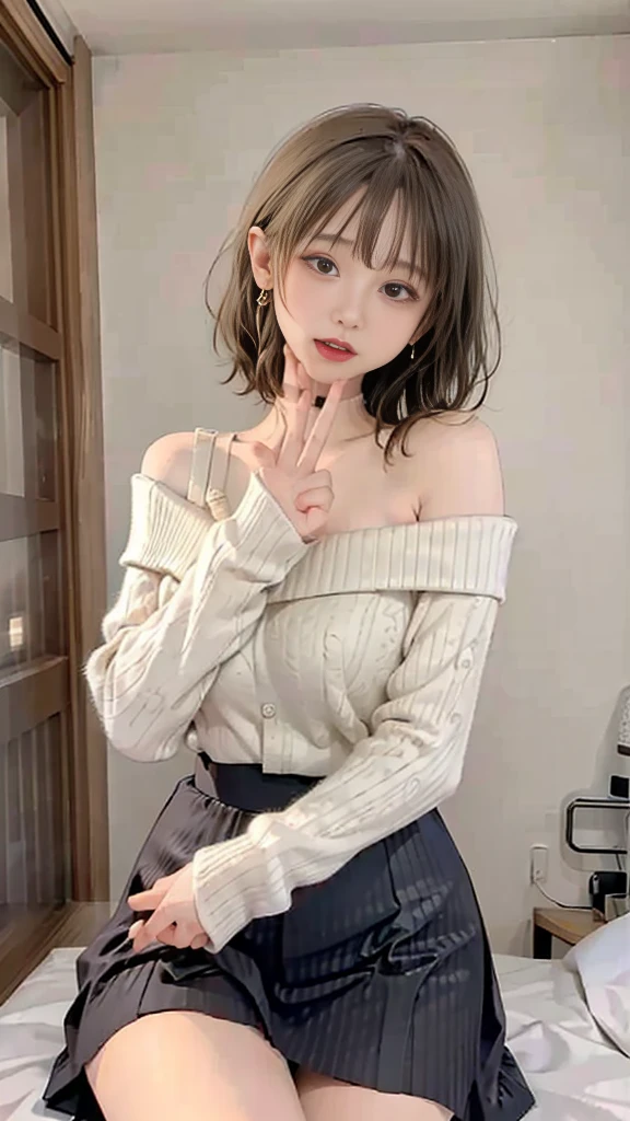 1 Girl、solo、masterpiece,highest quality,High resolution,Very detailed, skinny,Black Choker,Earrings,Big cleavage、Off-the-shoulder tight sweater dress,
(( Peace sign with both hands)), (Blowjob Gestures:1.5), (((Open your mouth))), Heavy breathing , (aheghentai face),
Blonde pixie short hair、
Accurate 5-finger、Accurate human body、The perfect human body、((Captivating smile ))、
Boyfriend room、A Guys room、A light-off room at night、indoor、High School Boy's Room、Detailed Background、