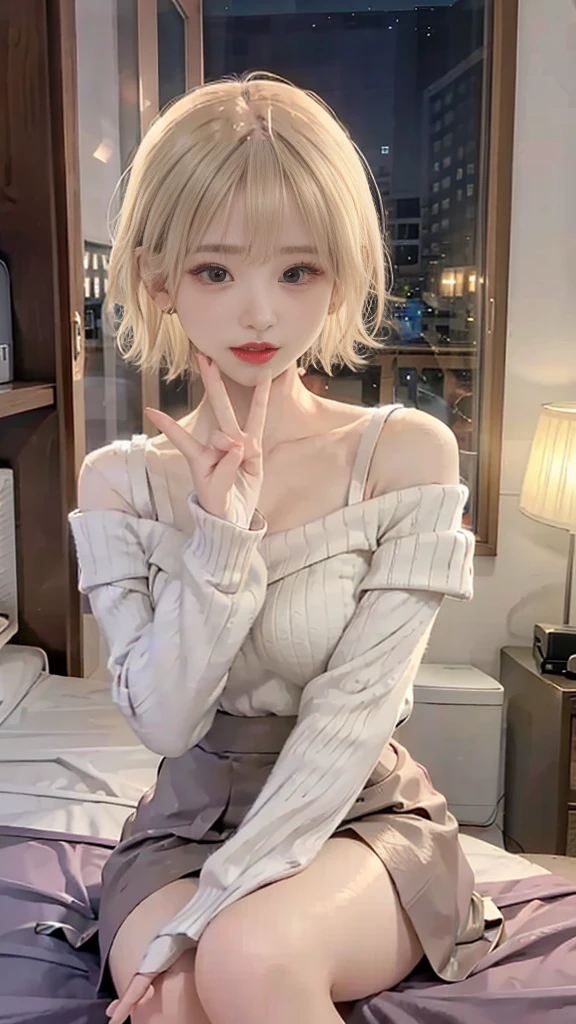 1 Girl、solo、masterpiece,highest quality,High resolution,Very detailed, skinny,Black Choker,Earrings,Big cleavage、Off-the-shoulder tight sweater dress,

 (( Peace sign with both hands)), (Blowjob Gestures:1.5), (((Open your mouth))), Heavy breathing , (aheghentai face), 
Blonde pixie short hair、
Accurate 5-finger、Accurate human body、The perfect human body、((Captivating smile ))、

Boyfriend room、A Guys room、A light-off room at night、indoor、High School Boy's Room、Detailed Background、