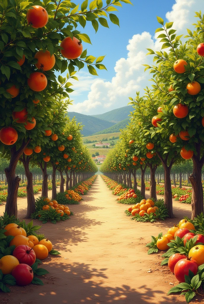 Paysage Verger realiste, en fond un jardin des fruits du soleil