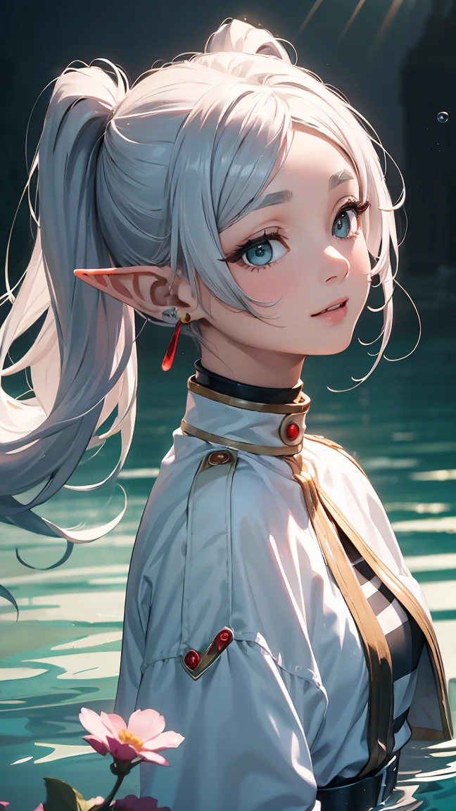 Freiren, 1 girl, long hair, long pointed ears like an elf, silvery white pigtails, jewelry, elf, earrings, capelet, white capelet, black and white striped long sleeve shirt, parted bangs, dress, belt, flowers , (16k, 8K, RAW, best quality, masterpiece 1.2), ultra HD, high resolution, high quality, best quality, (((full body image 1.3))), best quality, ultra high resolution, incredibly absurd, highly detailed, 2.5D, (close up: 1.4), (RAW photo: 1.2), (realistic: 1.4), (masterpiece: 1.3), (best quality: 1.4), ---Pastel color, Bright underwater, Floating, Underwater, Bubbles, Iridescent light rays Underwater, Clothes fluttering,--- perfect anatomy, perfect proportions, nice lighting, bright and vivid colors, clean lines, information, blurred, stunning facial expression, restless emotions, gorgeous and cute, beautiful face and eyes in every detail, (masterpiece) beautiful face, young and handsome girl, really perfect skin, blurred, stunning facial expression, restless emotions, gorgeous and cute, beautiful face and eyes in every detail, (Audrey Hepburn), (cute), (J-POP idol), (thighs, (depth of field), (depth of field), soft light, shining lens gaze, (droopy eyes), straight teeth, shy smile, fluttering hair, a scene from Blake's movie,