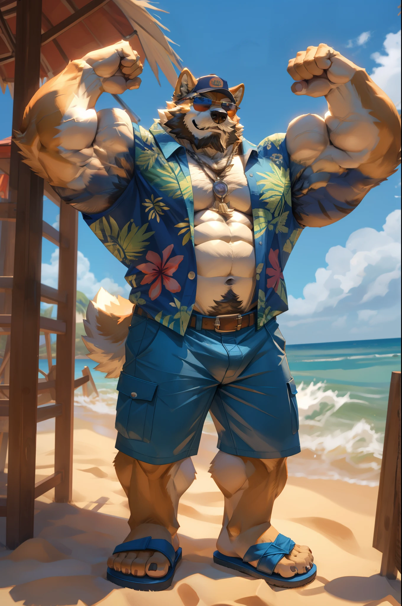 1boy, 1man, solo, a (furry Shiba Inu) standing, flexing muscle,,(face, detailed face, bearded, white beard, thick mustache), (sunglasses, sandals, baseball hat), beach, massive muscular , sixpack , (Hawaiian shirts, cargo shorts), well-muscled old man. ((thick arms, huge pec, huge arms)), wide smiling. Add textures and details to make the image more realistic, such as the appearance of the. Make sure the resulting image is high resolution, 8K quality