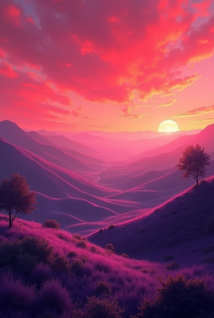 Make a simple landscape with red and violet colors 