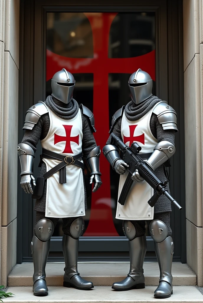 Two modern soldiers merging with Templar armor , gray steel chainmail uniform , modern helmet modern white vest with a red templar cross,modern military boot, gun in hand, guarding the door of a modern bank building with a large red Templar cross on the facade 