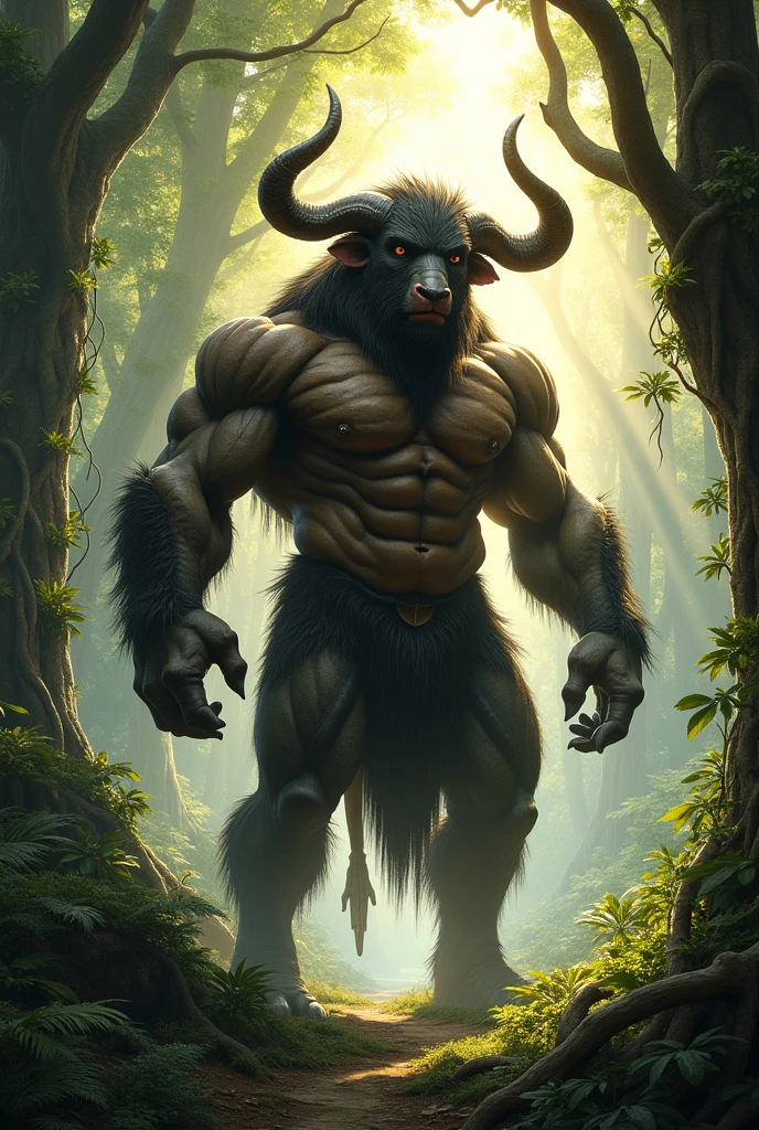 A horned, muscular minotaur in a forest