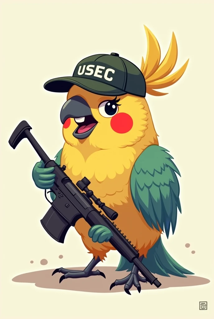 simple drawing, basic and colorful, Not very realistic. cockatiel, using a USEC cap from the game escape from tarkov, with a sniper rifle.