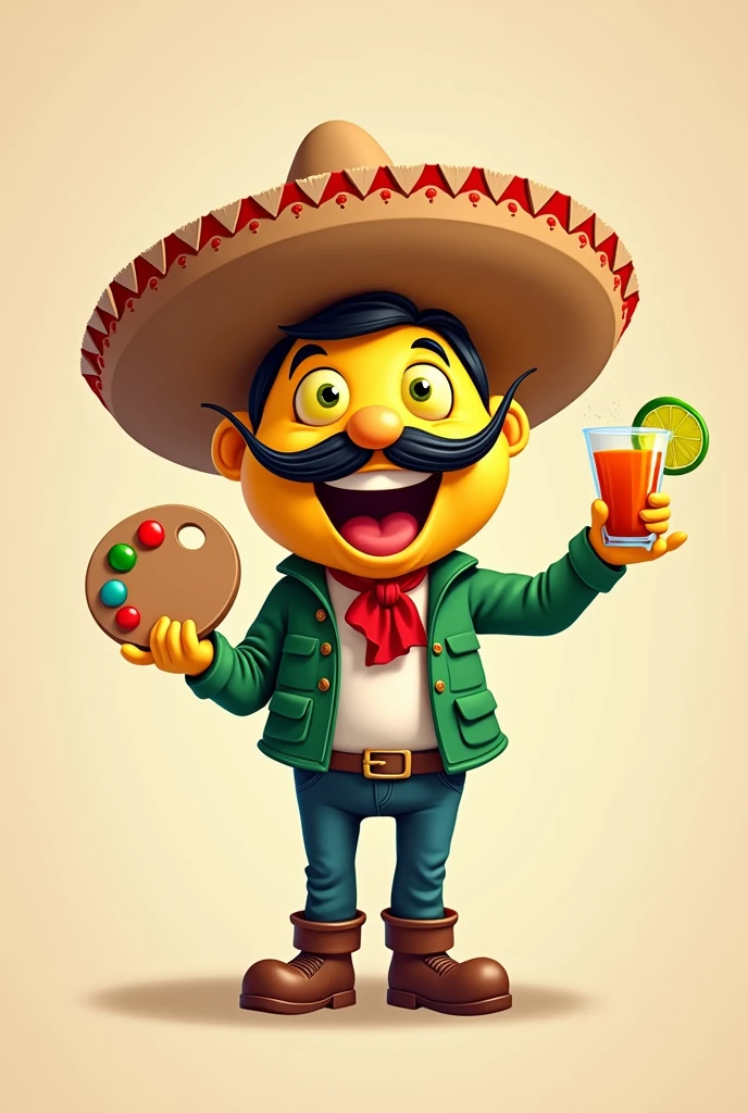 I want to create a cartoon Mexican person , just the face with too hands, with lemons like eyes, pepper like a mustache, with a Mexican hat , in one hand he’s taking a Mexican pallet and in the other hand a Mexican drink 