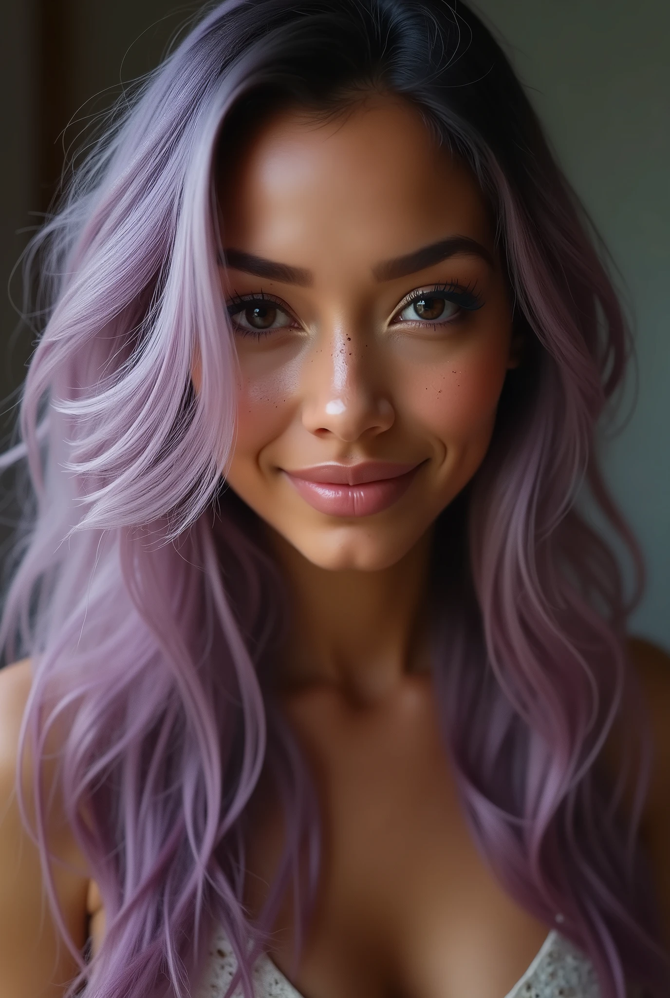 Realistic photo of a beautiful sultry woman with light purple long hair, hair roots slightly faded, half indian, influencer, light freckles, light brown eyes, light makeup, dark lips, smiling, instagram, hyperdetailed photography, soft light, head and shoulders portrait, slight cleavage, cover
