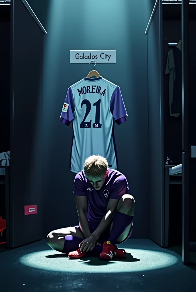 Make an image of ONE player tying his boots alone, with lights completely obscuring his face and him with short, light blonde hair, the locker room is dark and the spotlights are shining on him and the Galados City team, uniform in white and purple colors and I want you to put a shirt behind and on top of it with the number 21 and the name MOREIRA. Make your surroundings completely dark. LET HIM keep his head completely down and focused, and I just want 1 shirt behind him. put the team name “Galados City” on a sign above the shirt and below the spotlight.