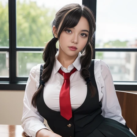 ((8K, Raw photo, of the highest quality, masutepiece), HD RAW Color Photo Professional Close-up Photo, (Realistic, Realistic: 1.37),lipsticks、 (Highest Quality), (Best Shadow), (Best Illustration), 鎖骨 ((Large)), ((porn, Sexy, 超A high resolution, HD CG unified 8K wallpapers, Physically Based Rendering, Cinematic lighting), (aegyo sal:1), 18 year old girl, (JK's costumes, Miniskirt, bow ribbon, sox, High School Uniform: 1.4), High School Classroom, Beautiful detail eyes, Light on Face, ((full-body lens: 1.2)), Extra bright light, (Upper eye, grin: 1.2), Shiny skin, (((Black hair, Long hair: 1.2))), (thick thighs), ulzzang -6500-v1.1: 0.2, Shy, (The Flash: 1.2), NSFW, (puffies), ((Spread legs: 1.2, Charming: 1.2)), (idle), (sitting on a desk in a classroom: 1.2)), (Good anatomy: 1.2)), (Bright and refreshing classroom, the background is blurred: 1.2)), Perfect face, Cute face, (high-angle shot: 1.2), Exposed cleavage, Arms Exposed, Huge breasts