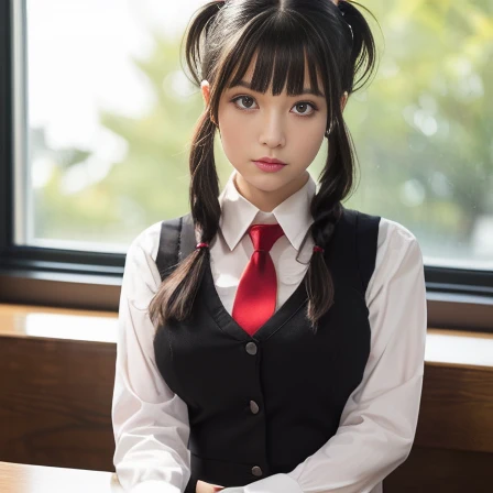 (1girl, Alone, alone), Japanese, Legs crossed, (Black hair, long hair, pigtails, Green eyes, (voluptuous bust)), ((Alone, (1woman, Green eyes), extremely detailed , Soft ambient lighting, 4K, perfect eyes, a perfect face, Perfect Lighting, the 1 girl)), ((girl uniform, black skirt, white shirt, red vest, black thigh highs, red tie, sitting at the table, legs crossed, window in the background, voluptuous bust))
