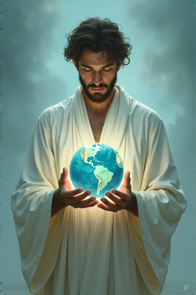 Painting a picture,of a man in white clothes holding planet earth in his hands.