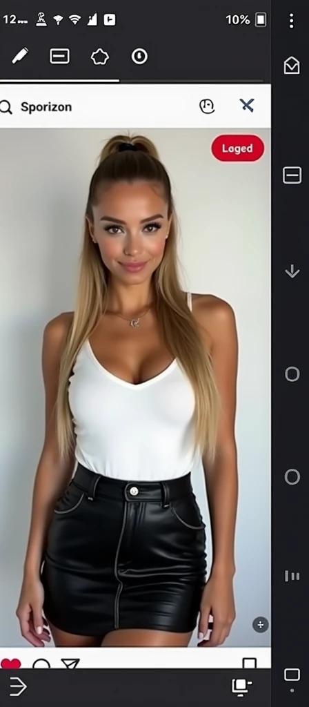A very realistic and detailed photo of beautiful spanish woman,tight black skirt, perfect makeup, long straight ponytail, sleek blonde hair, high quality photo 4k, very detailed, perfect fit, looking at the camera, detailed realistic face, detailed brown eyes, confident,