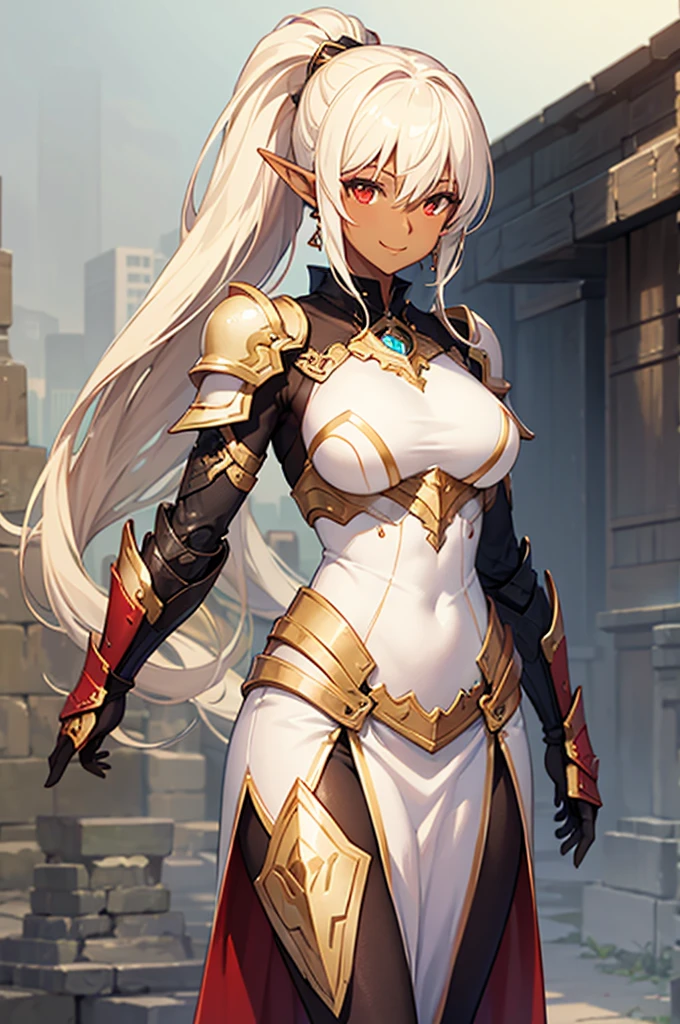 Beautiful images,Detailed Images,Official image,(Background of the base),One Woman,Blonde,Red Eyes,Ponytail Hair,Model body type,(Dark Skin:1.3),Elf Ears,Large Breasts,(Bioarmor:1.3),Smile small,