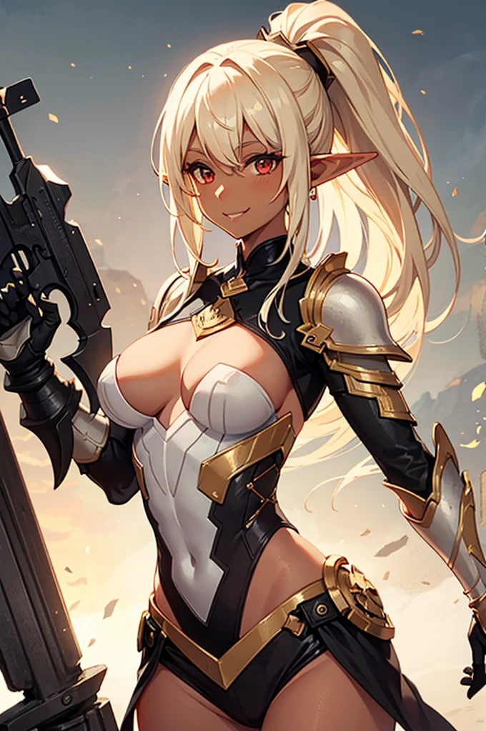 Beautiful images,Detailed Images,Official image,(Background of the base),One Woman,Blonde,Red Eyes,Ponytail Hair,Model body type,(Dark Skin:1.3),Elf Ears,Large Breasts,(Bioarmor:1.3),Smile small,