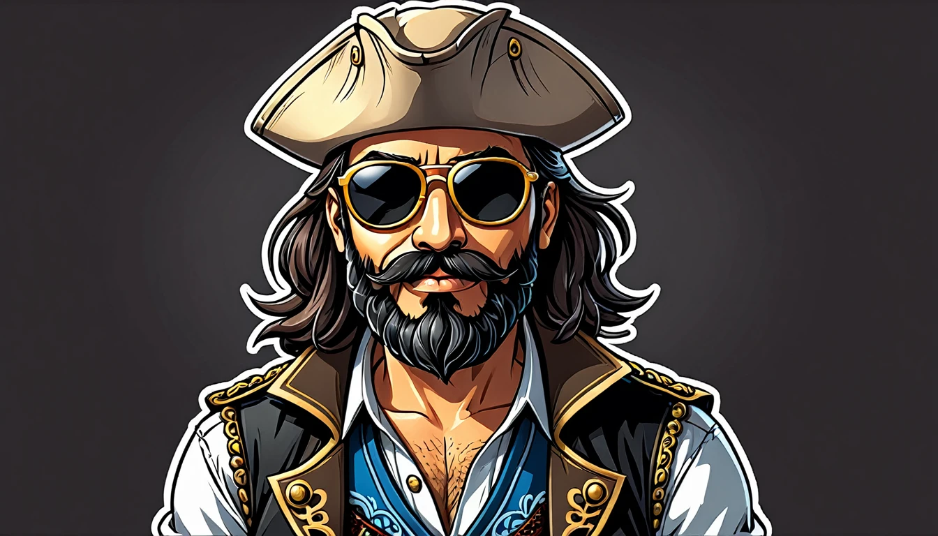 illustration cartoon 1930 years retro, image comic black and white, single character toon male latin beard and sunglasses, with clothes classic pirate, dark background, image format sticker. 